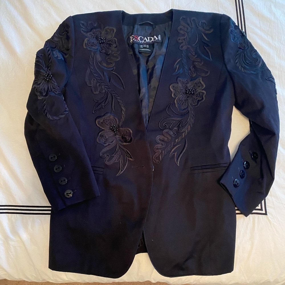 Escada By Margaretha Ley- Vintage Black Floral Embroidered Blazer - Picture 3 of 10